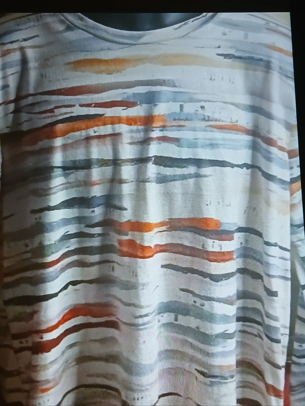 Abstract Striped Crewneck Top in White with Orange and Gray Accents